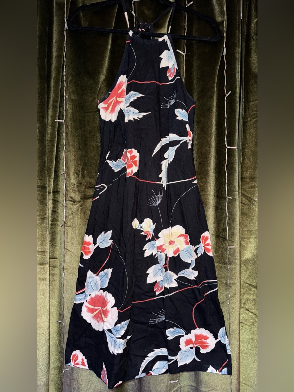 French Connection Black Floral Halter Dress with Red & Light Blue Accents - M